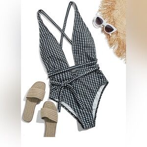 Criss Cross Tie Knot Front Deep V One Piece Swimsuit Medium